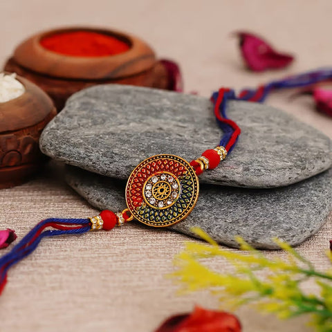 Blue and Red Designer Rakhi with Roli Chawal